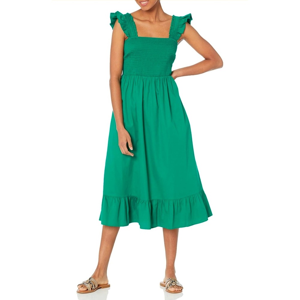 The Drop Women Emerald Green Smocked Ruffle‎ Midi Dress Square Neck Small NWT